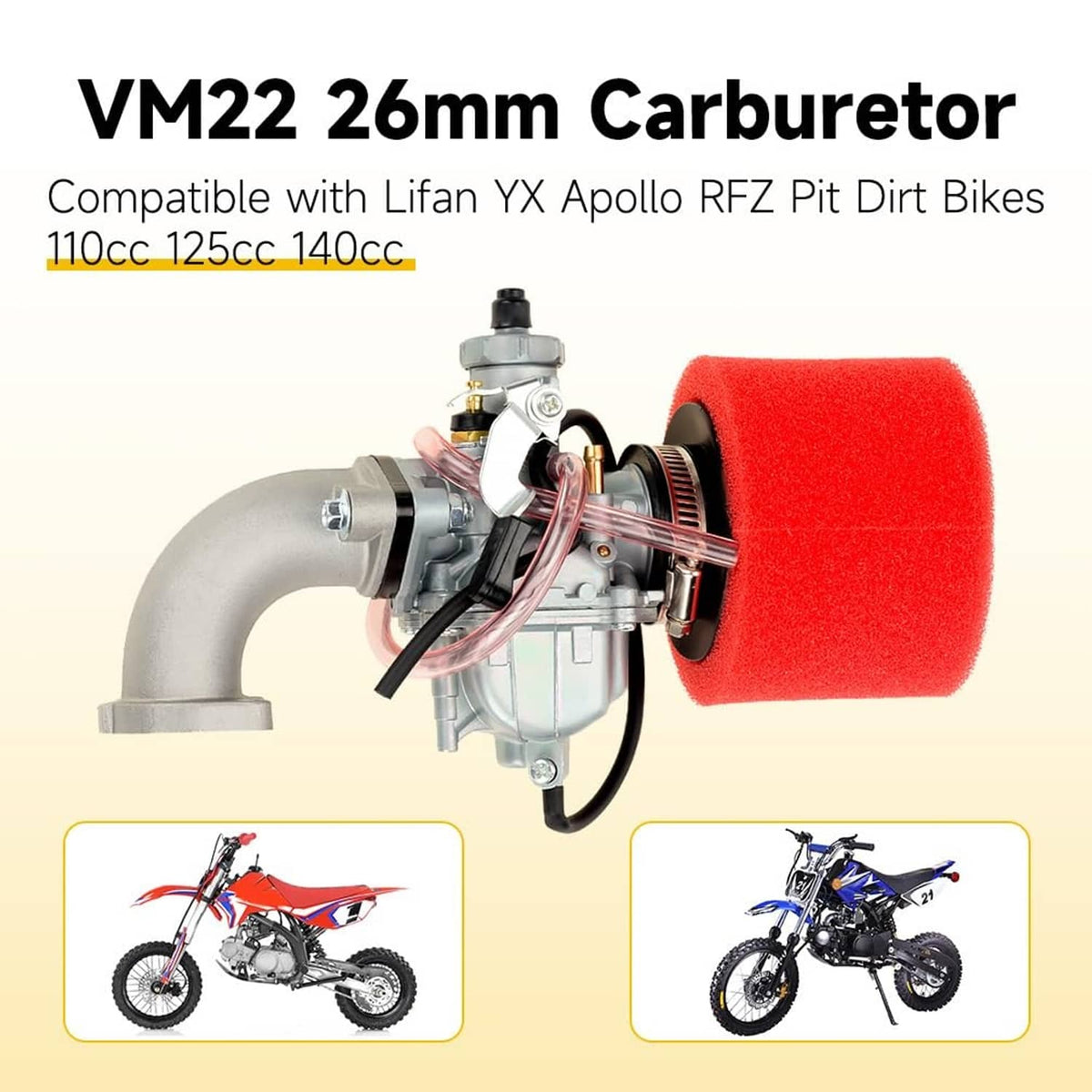 VM22 26mm carburetor with red foam air filter and black throttle cable