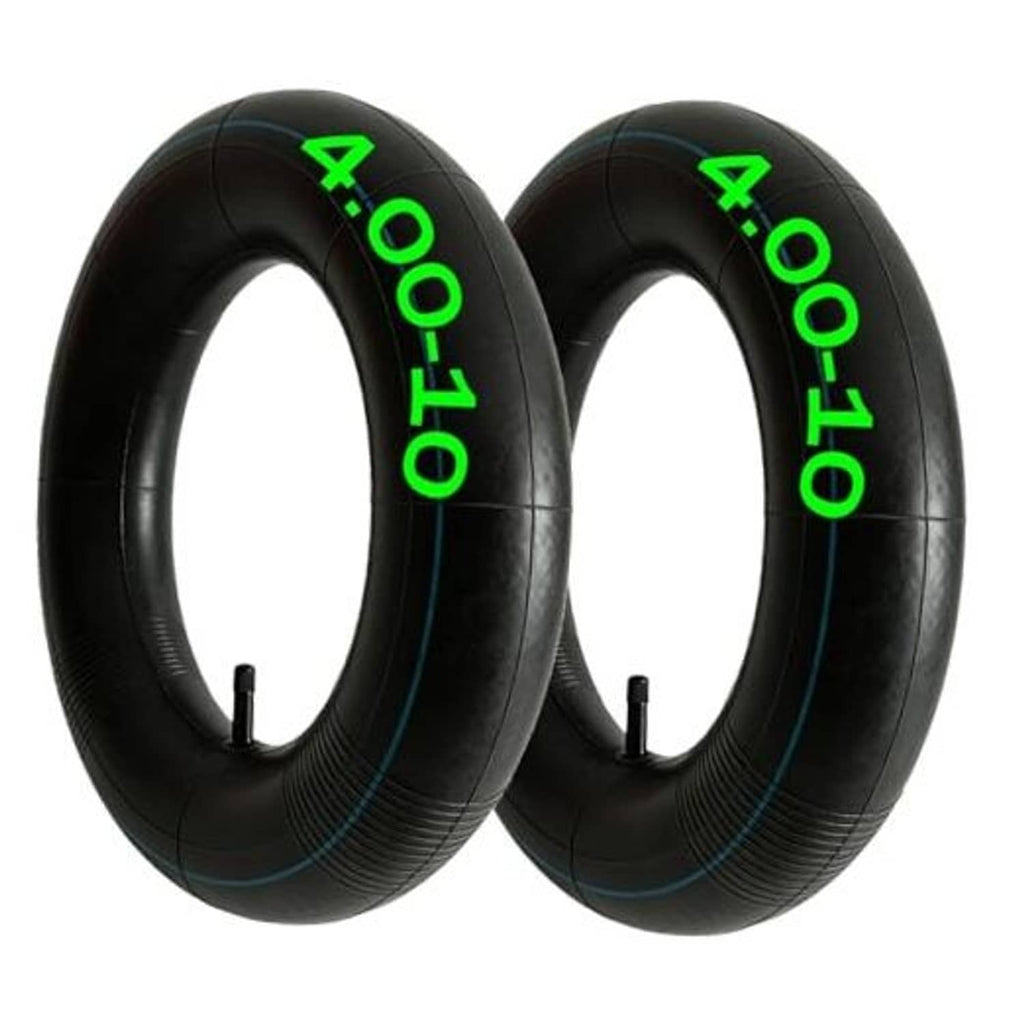 Pair of black 4.00-10 dirt bike inner tubes with green size print and valve stems
