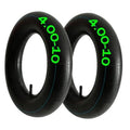 Pair of black 4.00-10 dirt bike inner tubes with green size print and valve stems
