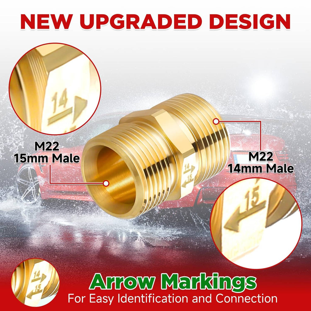 Brass-colored metric thread connector with engraved markings on ribbed 15mm/14mm ends