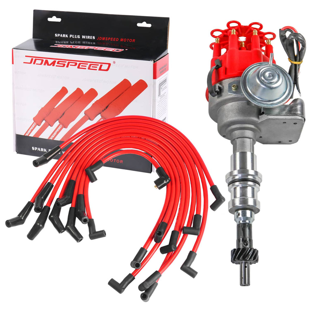 Small HEI distributor with red spark plug wires and distributor cap assembly