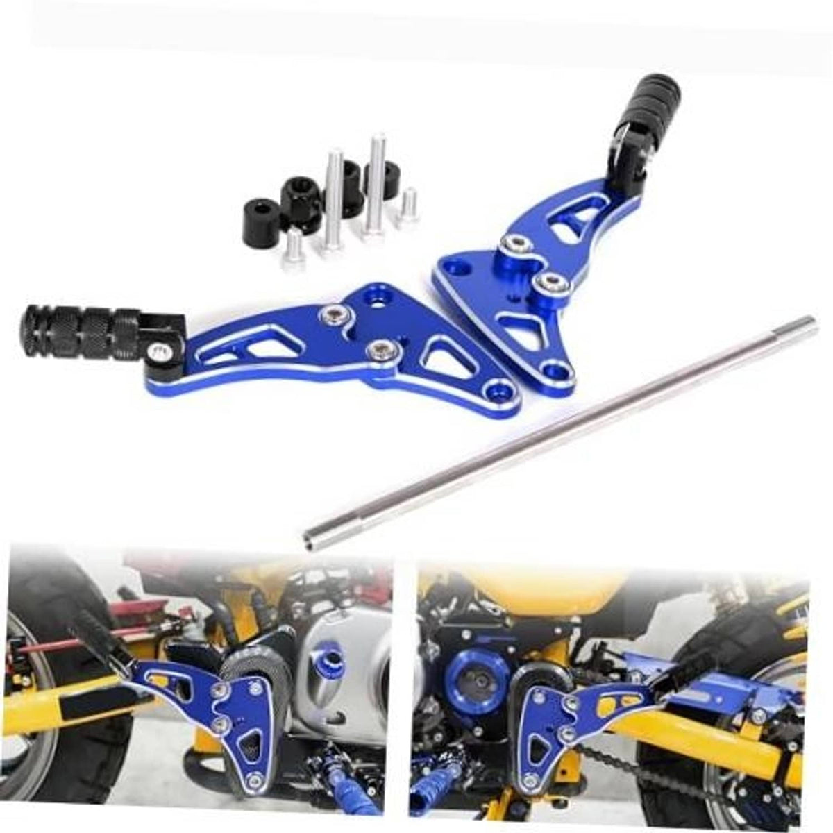Blue rear passenger footrest pedal set with folding bracket and silver mounting rod