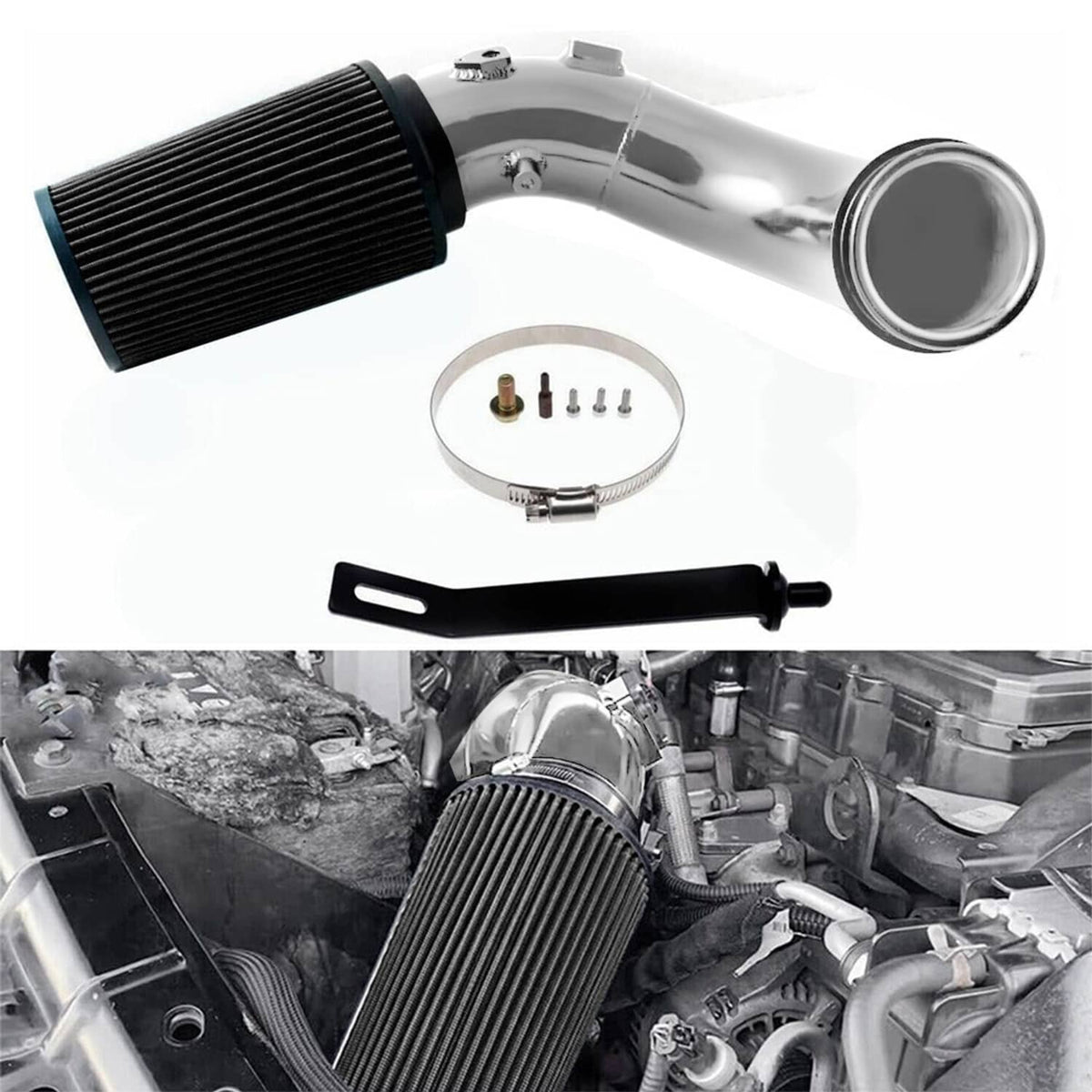 Cold air intake kit with black pleated filter, polished pipe, clamp, and mounting hardware