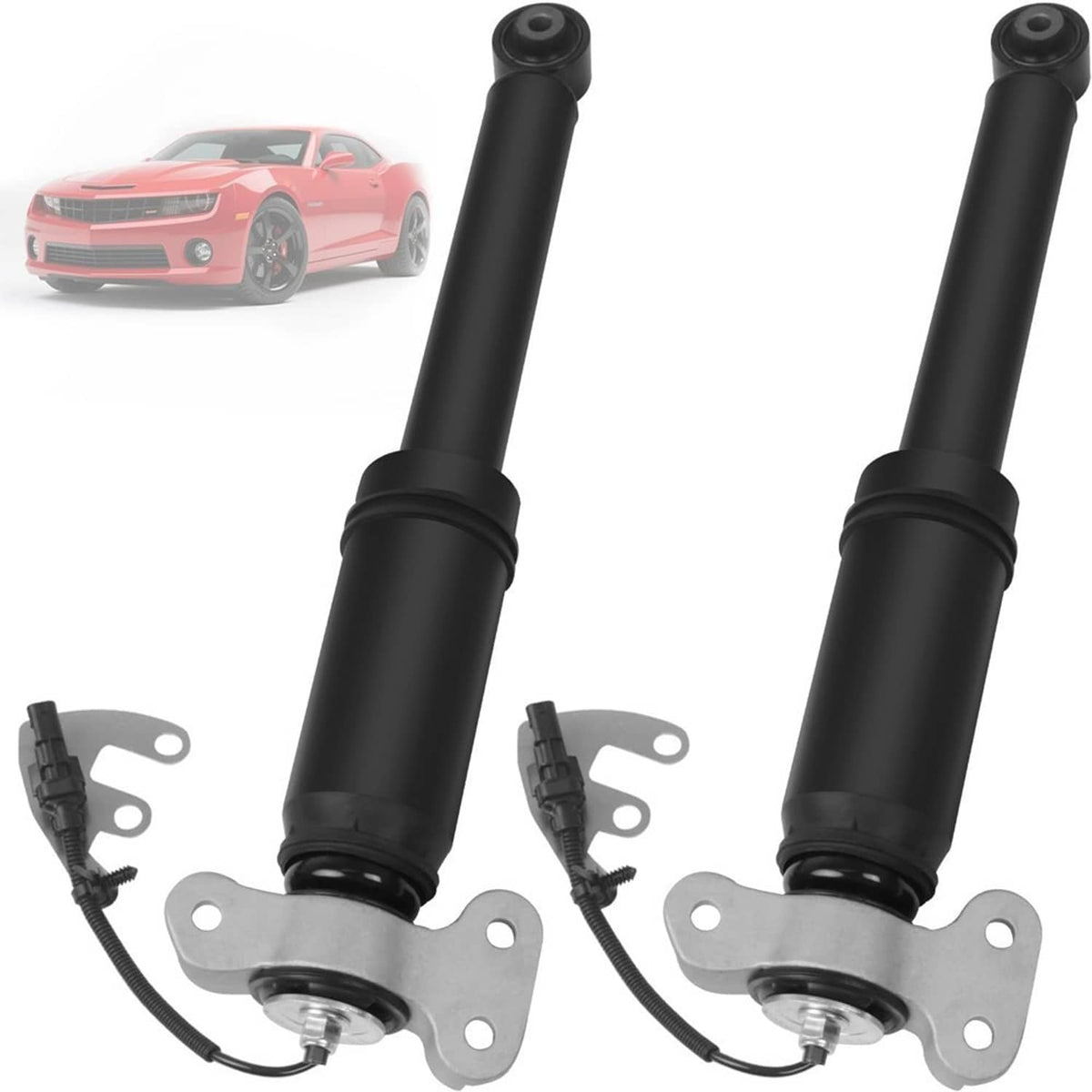 Two black rear shock absorber struts with metal top brackets and attached sensor cables