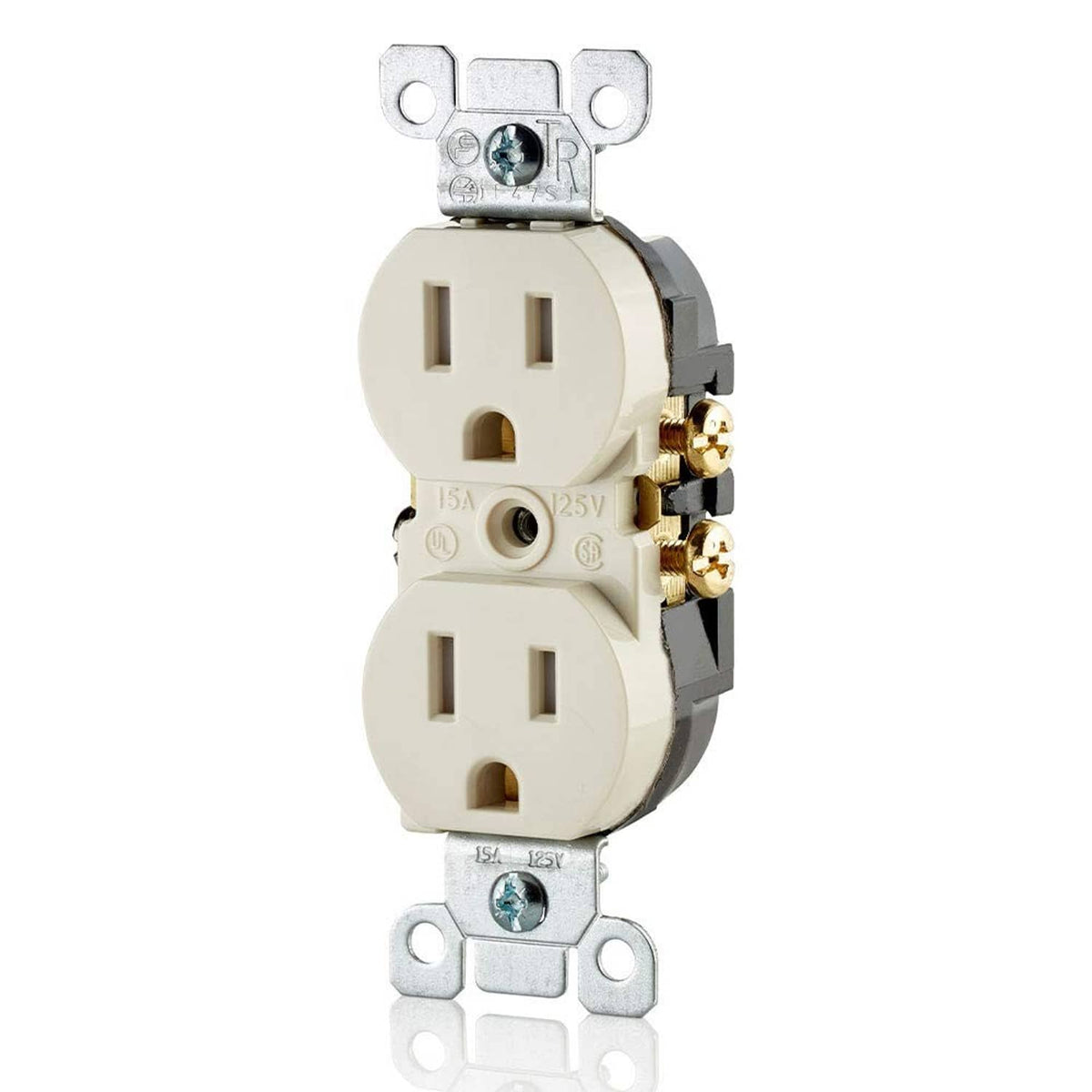 Light almond duplex outlet, side view showing wiring terminals and tamper-resistant openings