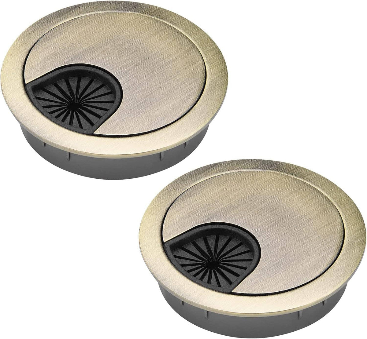 Two-pack bronze metal desk grommets with brushed tops and black radial inserts