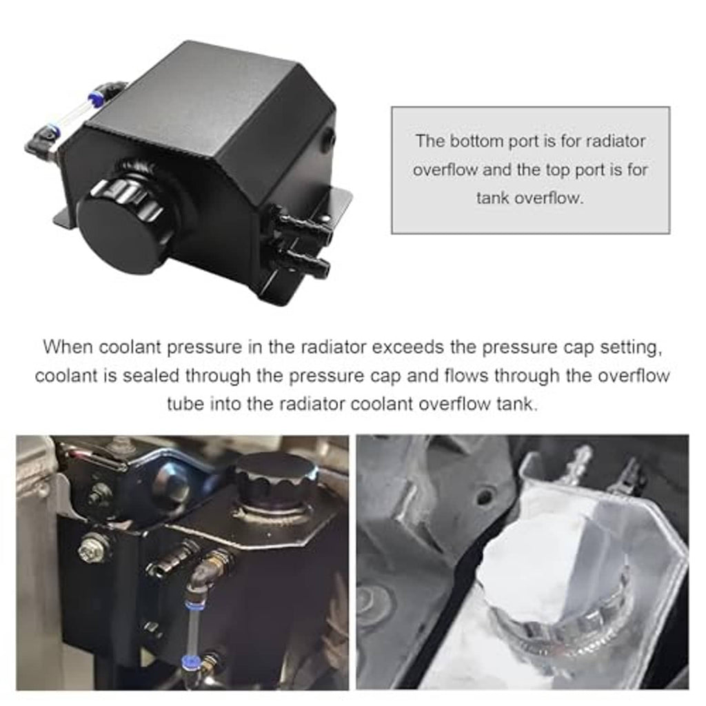 Black coolant overflow recovery tank with top cap, side inlet/outlet ports, and mounting lugs