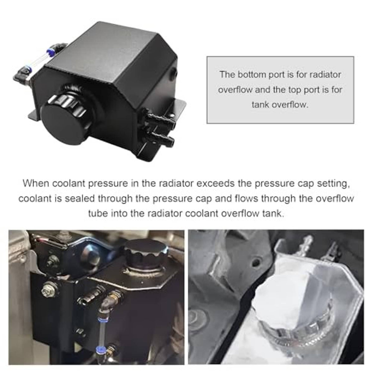 Black coolant overflow recovery tank with top cap, side inlet/outlet ports, and mounting lugs