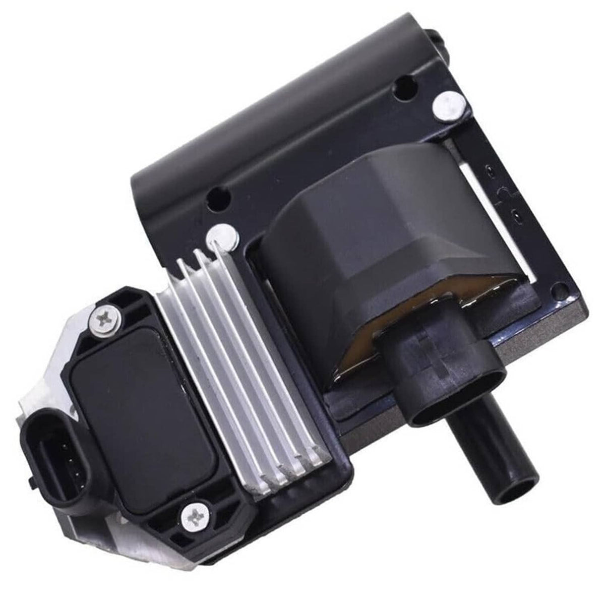 Black ignition coil module with side mounting bracket and electrical connector opening