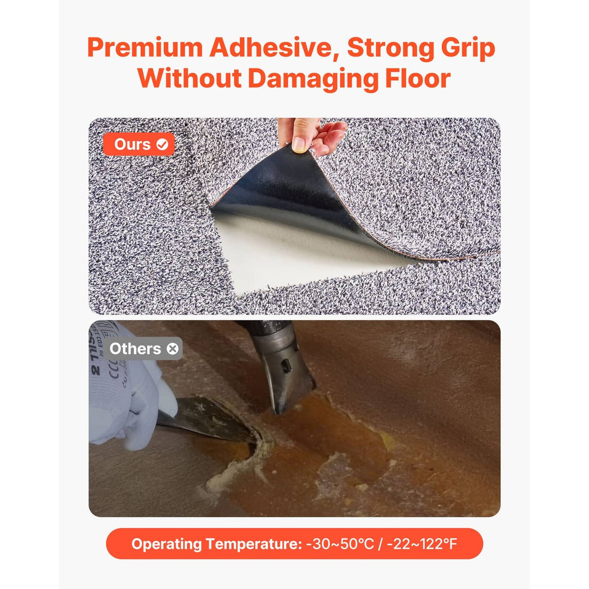 Gray speckled carpet tile corner lifting to reveal peel-and-stick adhesive underside