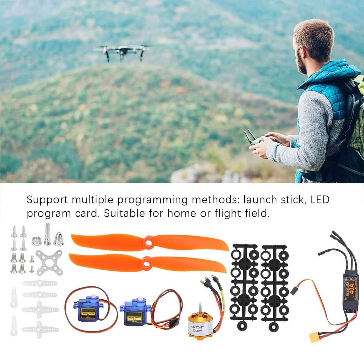 RC airplane electronics kit with orange propellers, two blue micro servos, motor, and parts