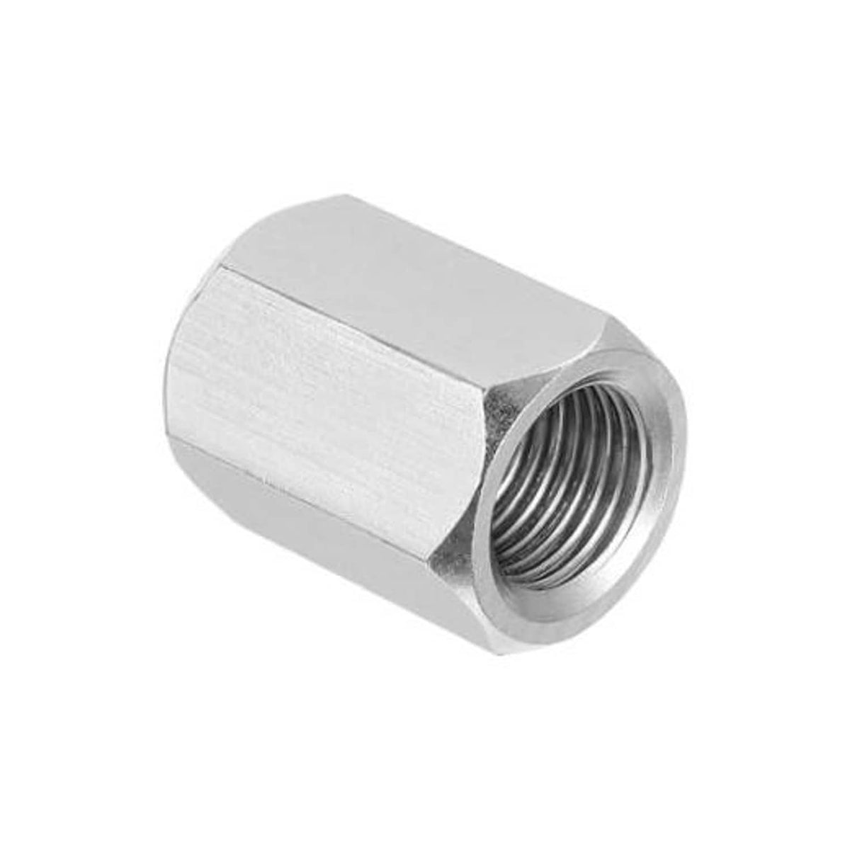 304 stainless steel hex coupling nut with internal threads, metal finish, side view
