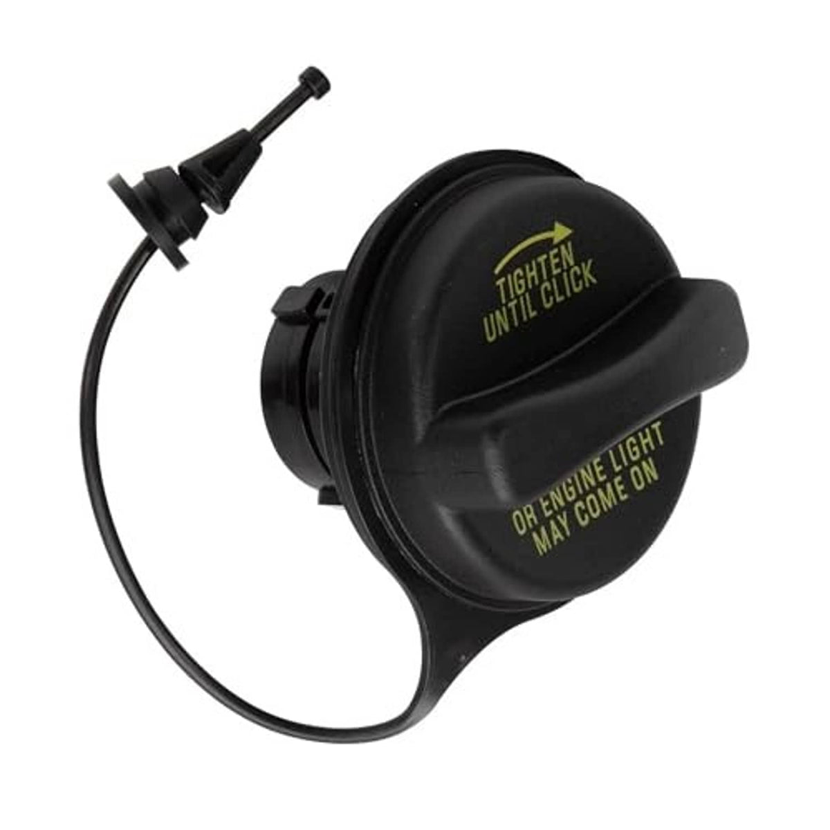 Black fuel tank filler gas cap with vent hose and raised locking ring