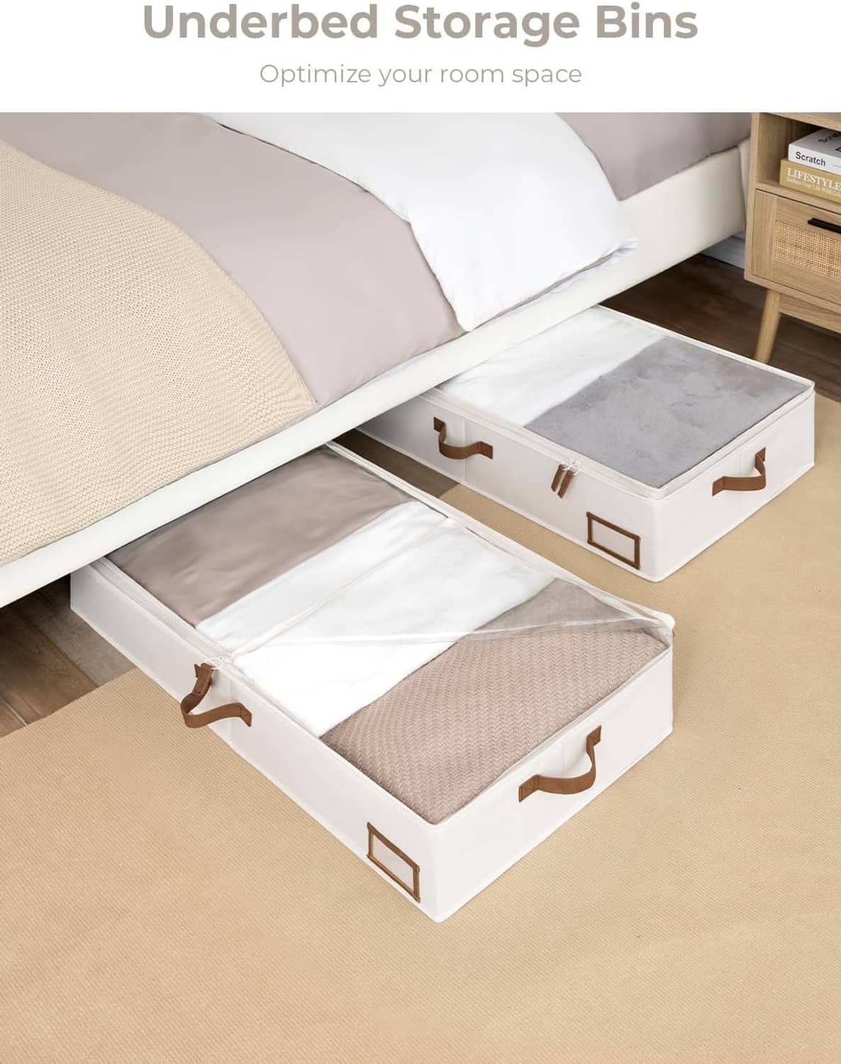 Under-bed storage bin set with brown pull handles and clear top windows for bedding