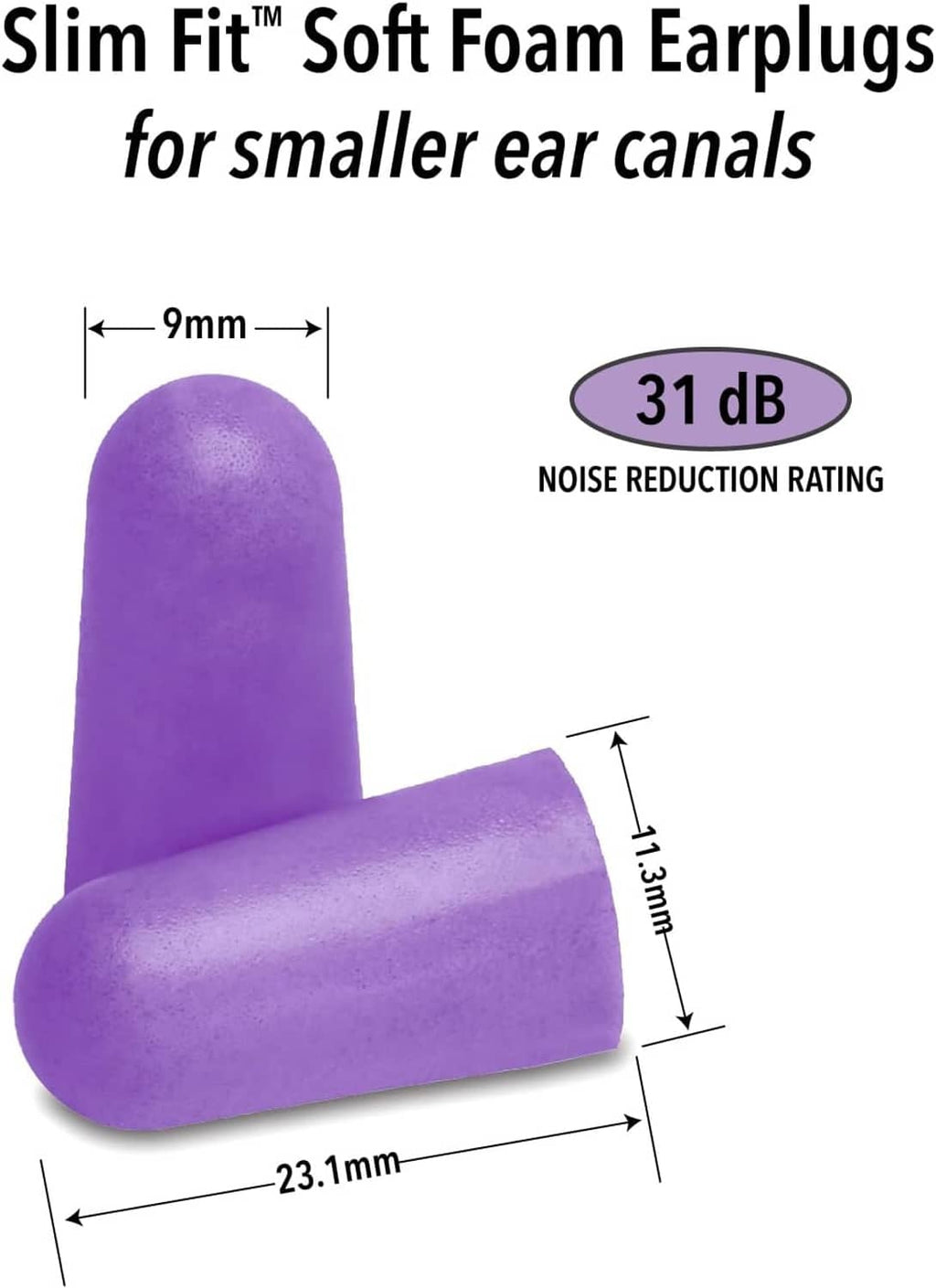 Purple soft foam earplug pair, curved NRR 31 dB style shape
