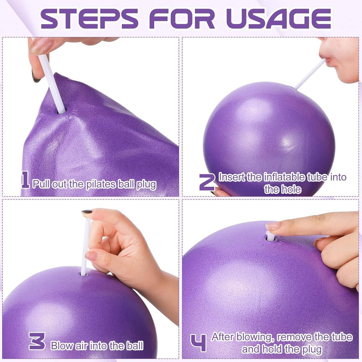 Purple mini exercise ball with inflatable plug and tube shown