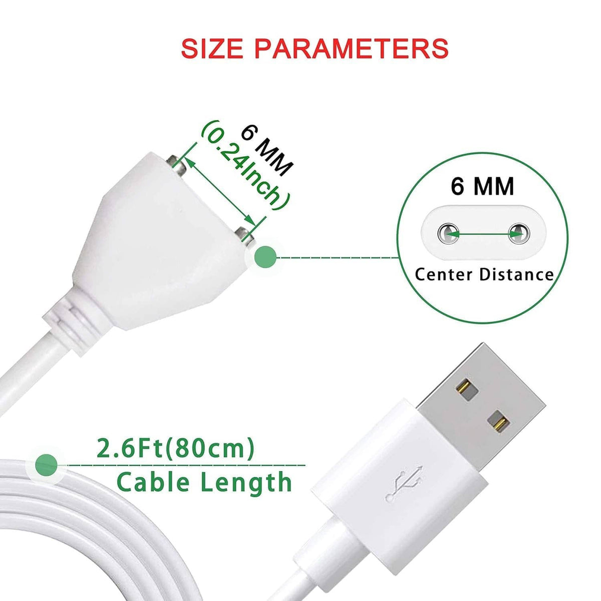 USB-A to DC magnetic charging cable, 80cm length, 6mm center distance