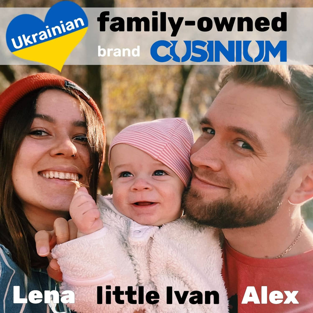 CUSINIUM brand family photo banner with Ukrainian flag graphic