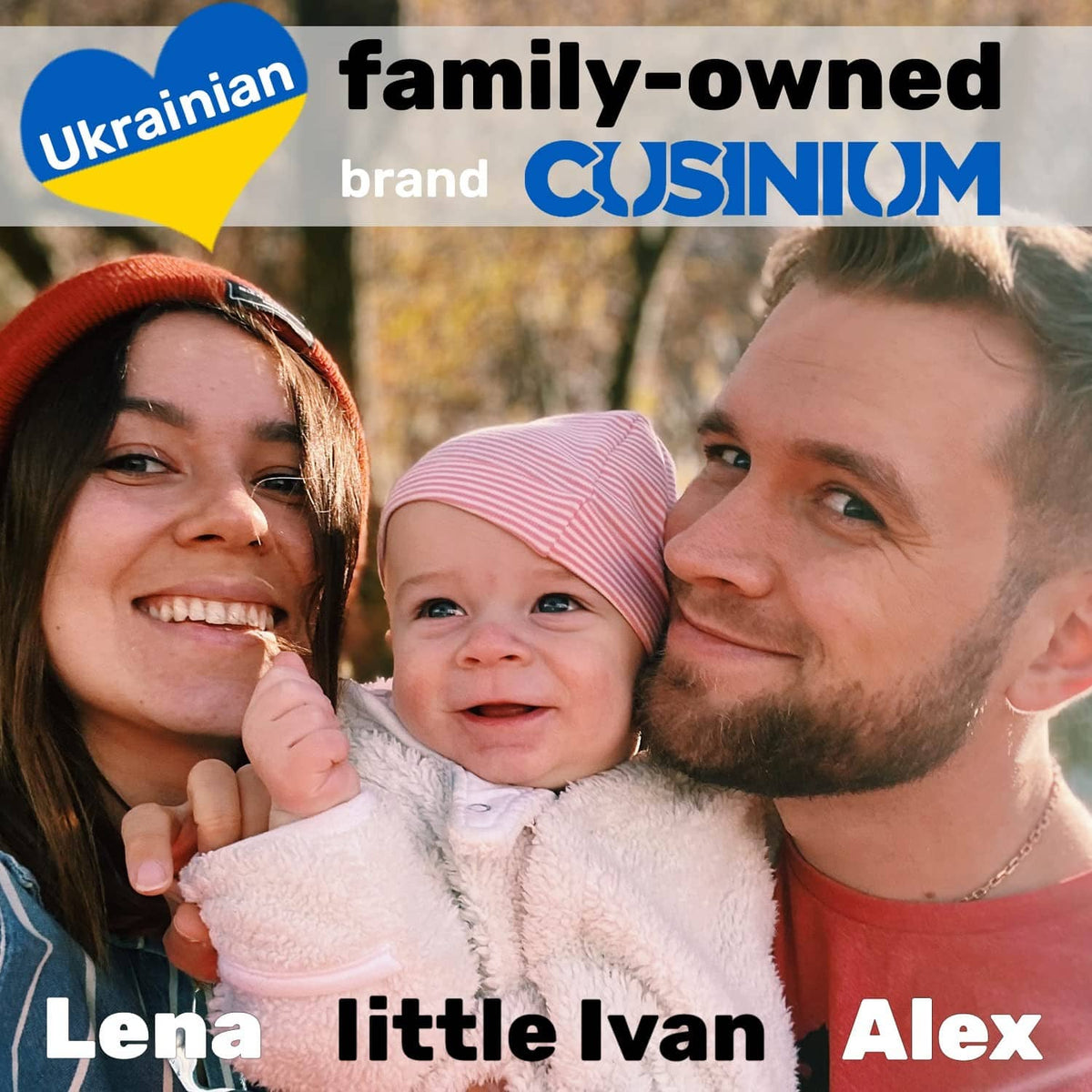 CUSINIUM brand family photo banner with Ukrainian flag graphic