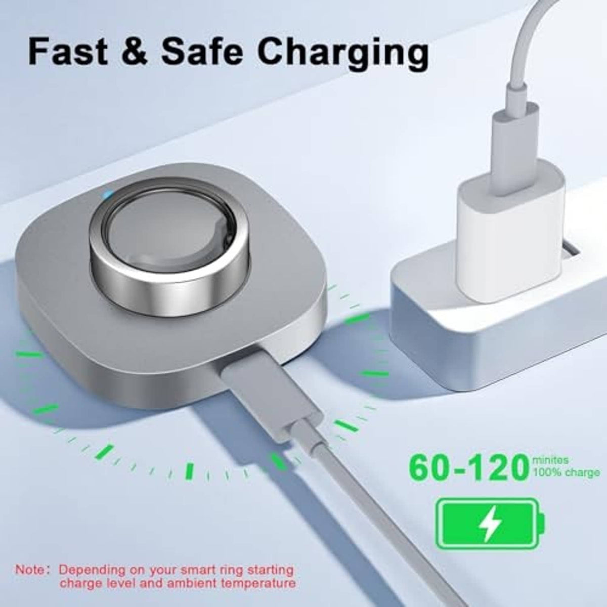 Gray smart ring charging dock with circular cradle, USB-C cable, and power adapter