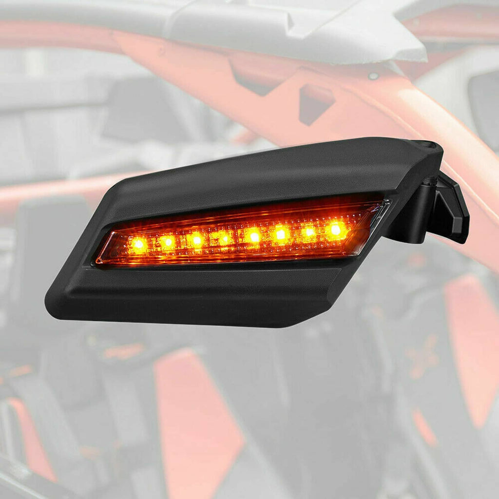 Single black UTV LED rearview mirror with amber light bar and housing mount