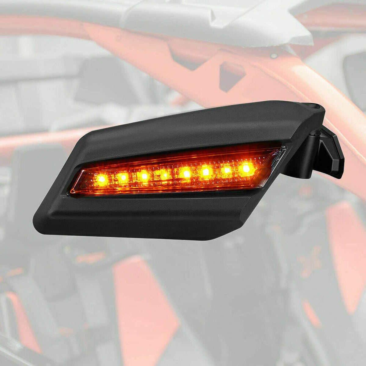 Single black UTV LED rearview mirror with amber light bar and housing mount