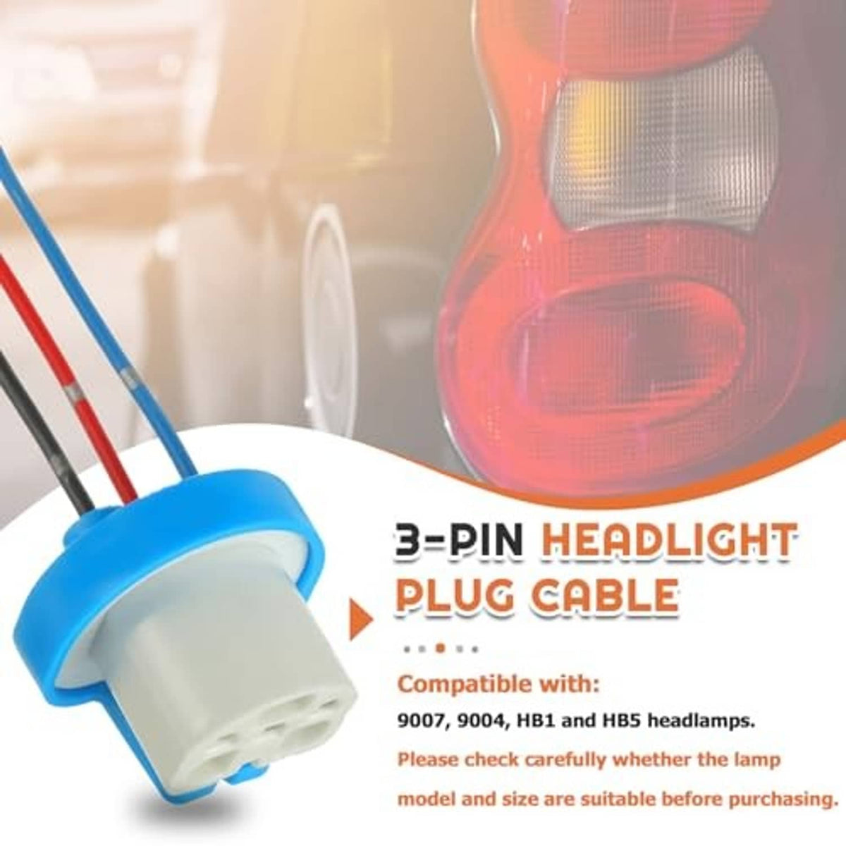 Headlight wiring harness 3-pin plug cable with blue connector and wire leads