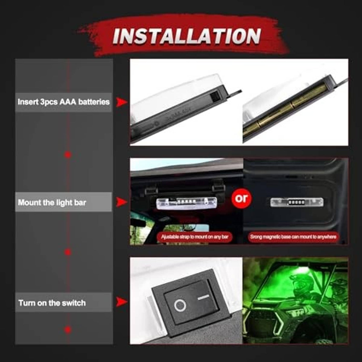 LED light bar installation steps diagram: insert AAA batteries and mount on bar