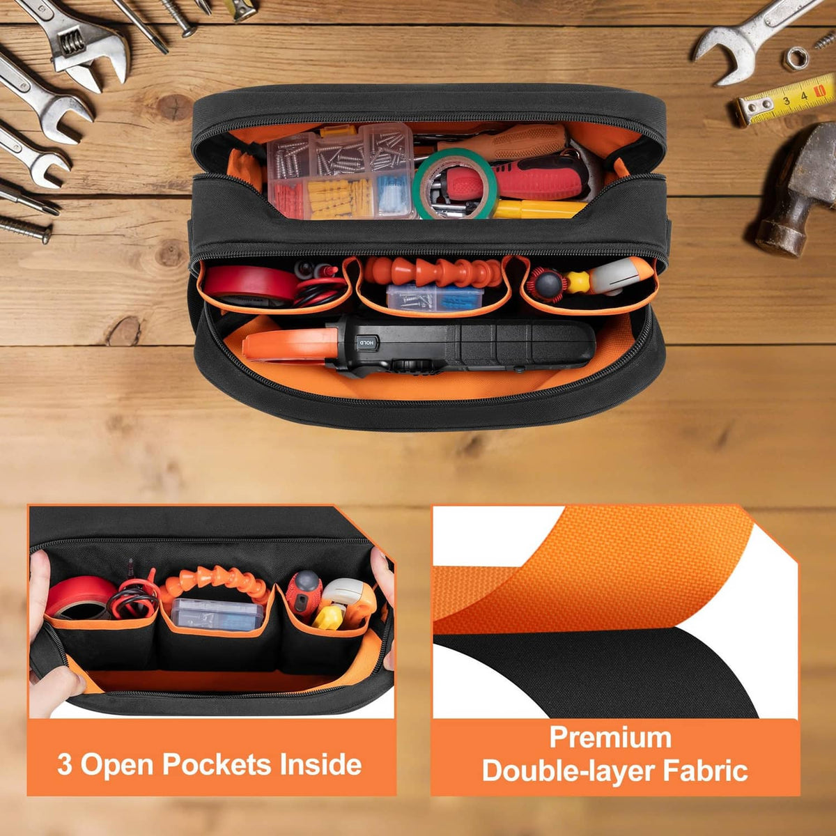 Black zippered tool bag open showing inner pockets and elastic organizer loops