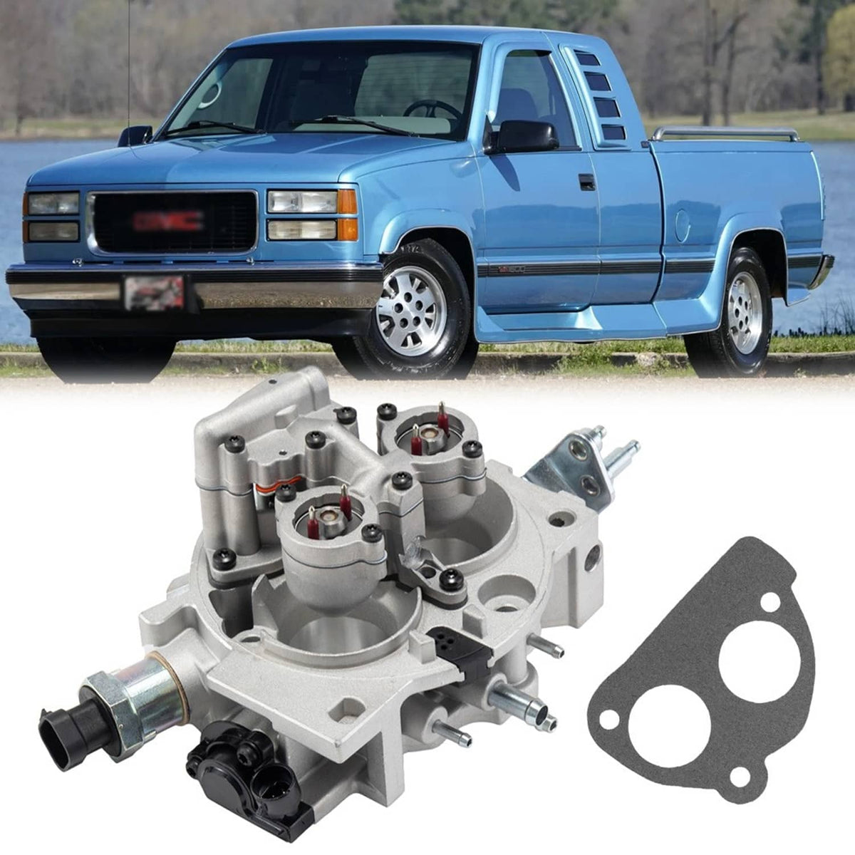 Throttle body assembly and gasket kit shown beside a blue pickup truck