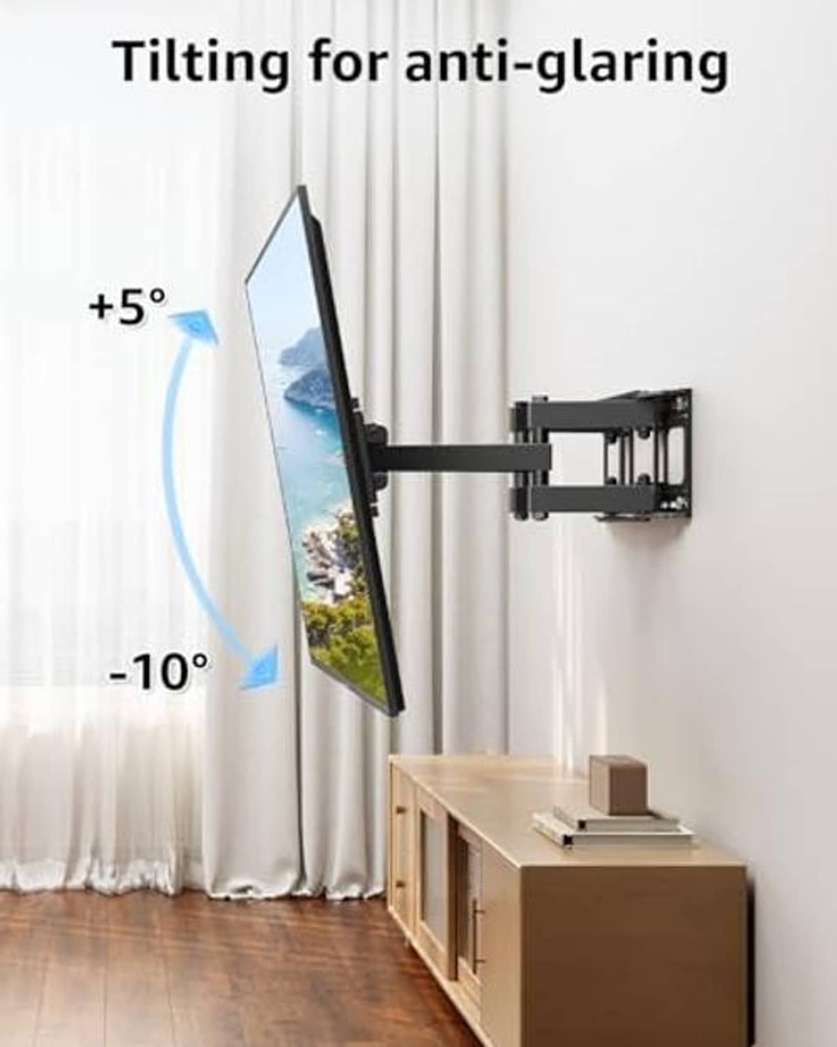 Tilting TV wall mount arm holding a TV panel, black mount components