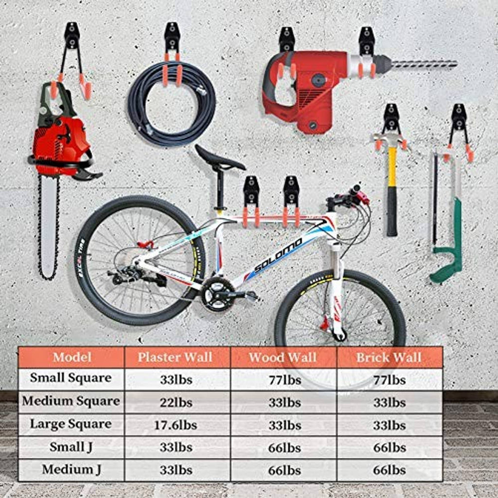 Garage wall hook set with black-and-orange hooks for organizing tools and accessories