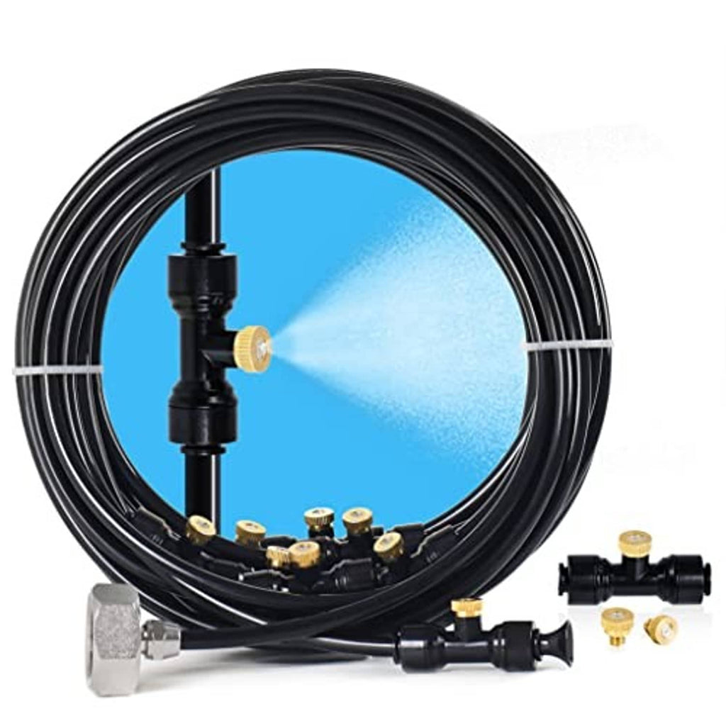 Coiled black outdoor misting hose with brass fittings and attached nozzle assembly