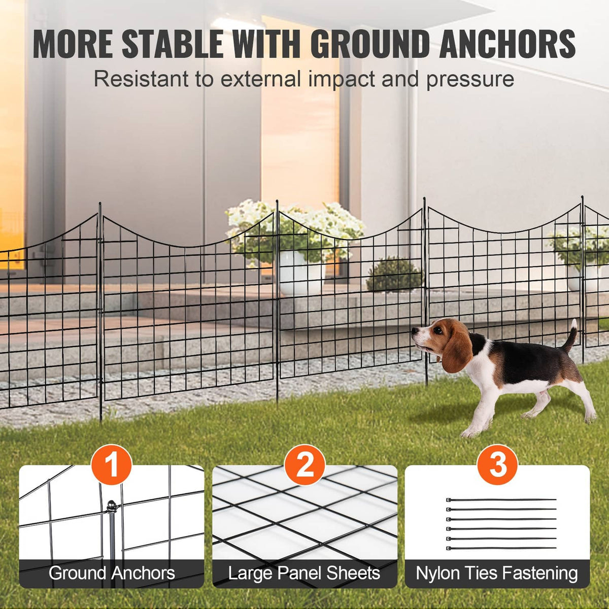 Black metal garden fence panels with ground anchor posts and grid mesh, dog visible