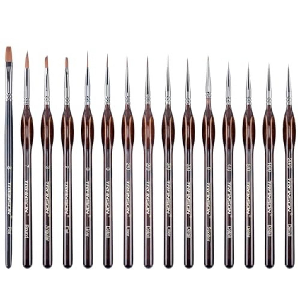 Row of 15 artist detail paint brushes with pointed bristles and brown handles