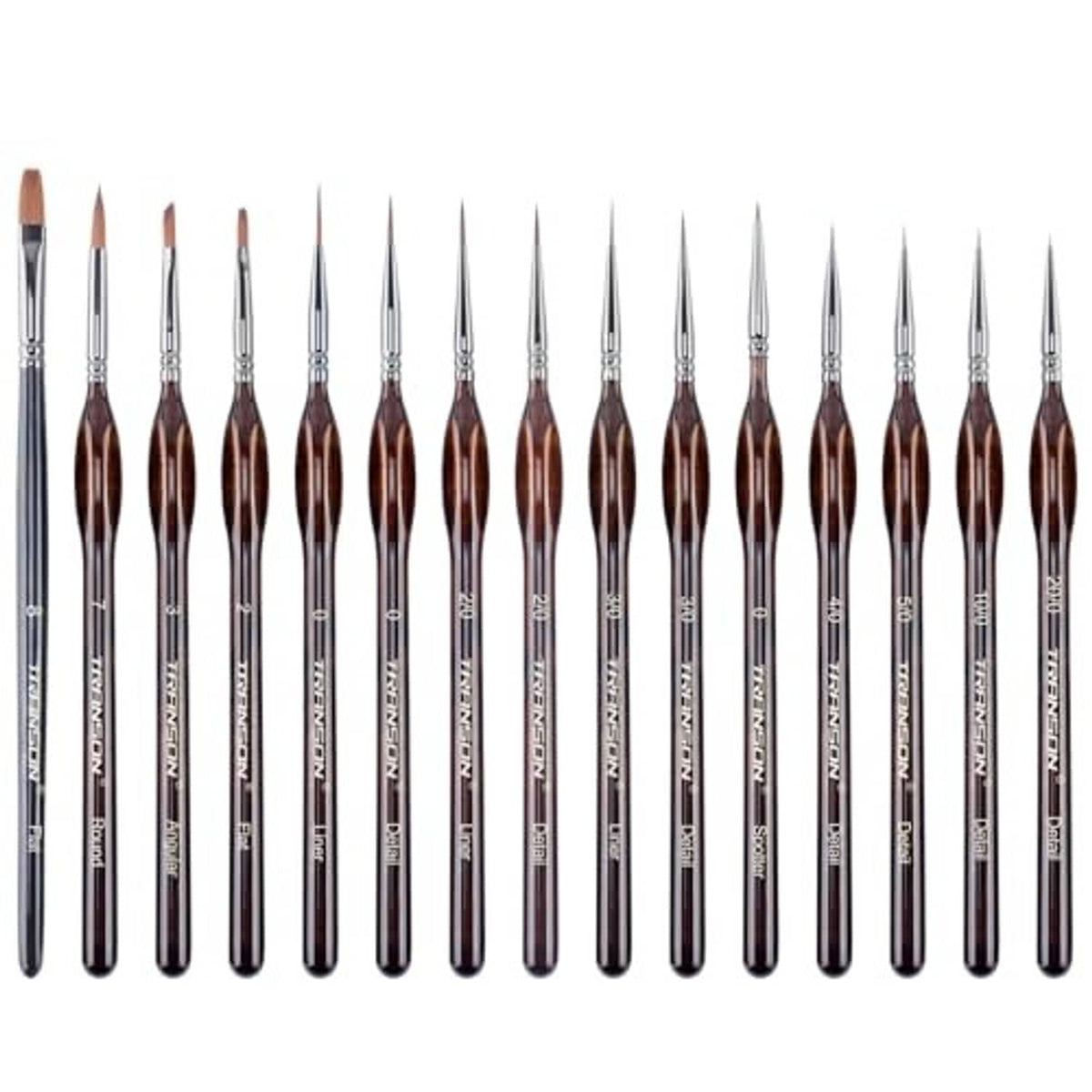 Row of 15 artist detail paint brushes with pointed bristles and brown handles