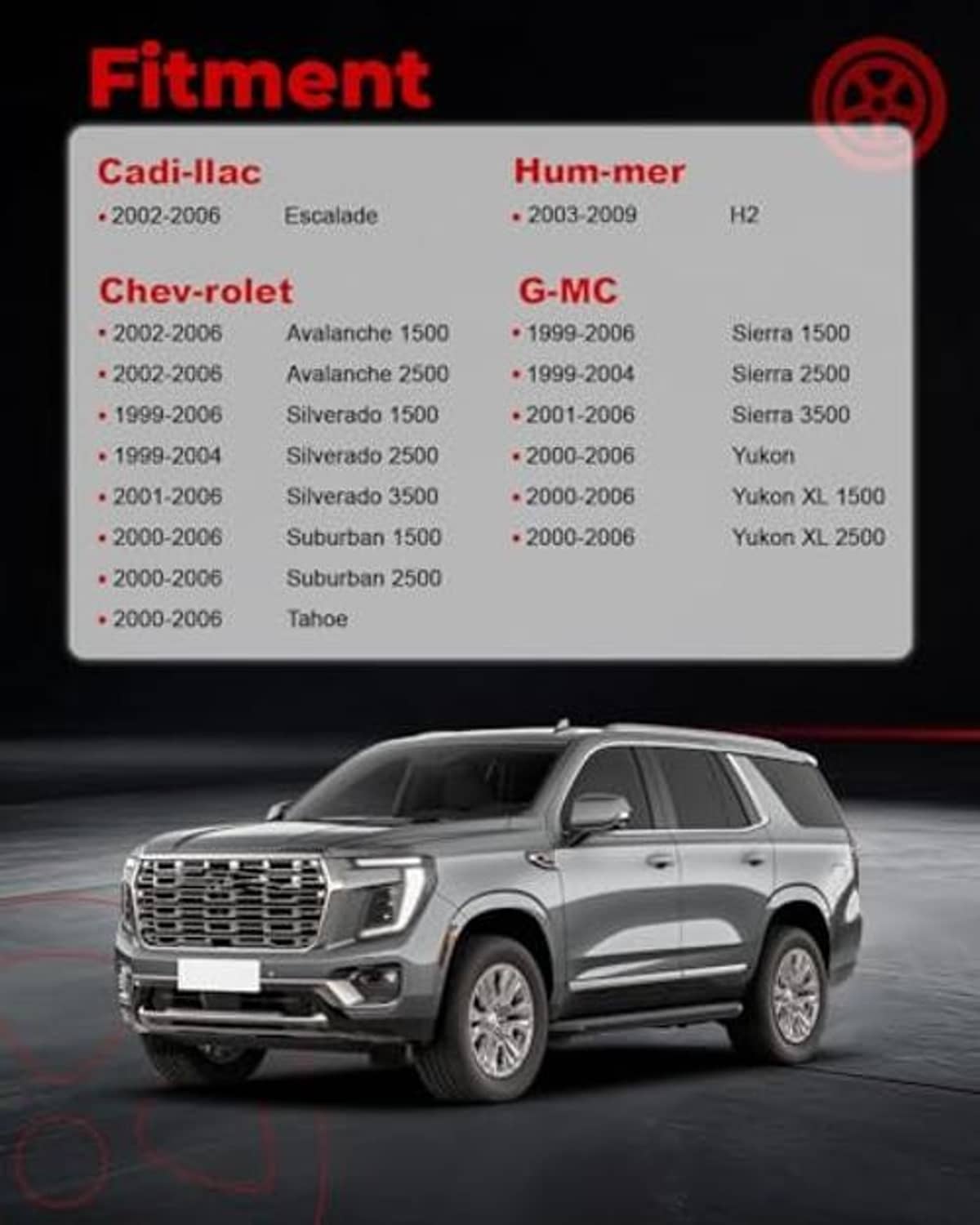 Vehicle fitment compatibility list graphic for coolant reservoir tank