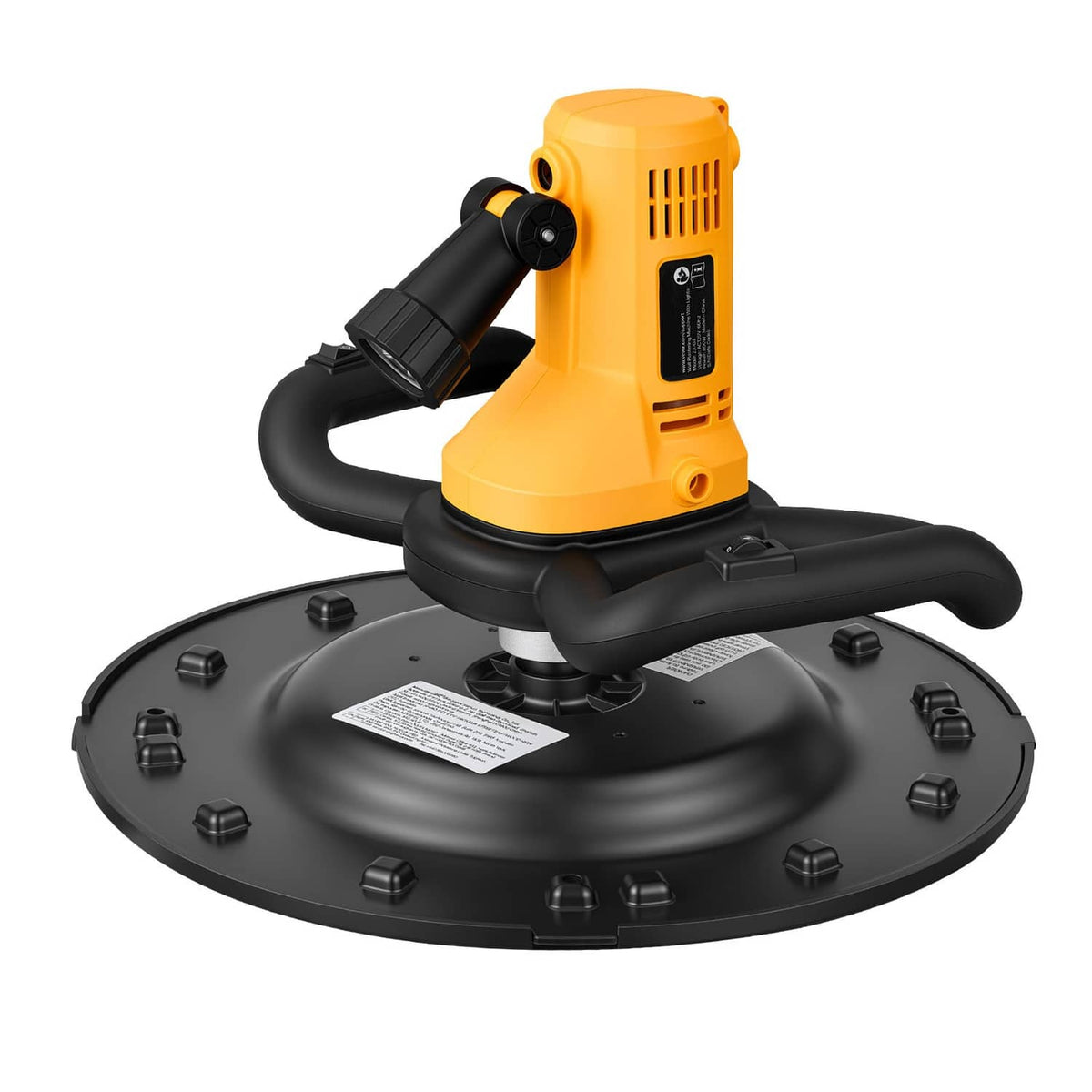 Electric concrete finishing trowel with yellow motor and round black smoothing plate