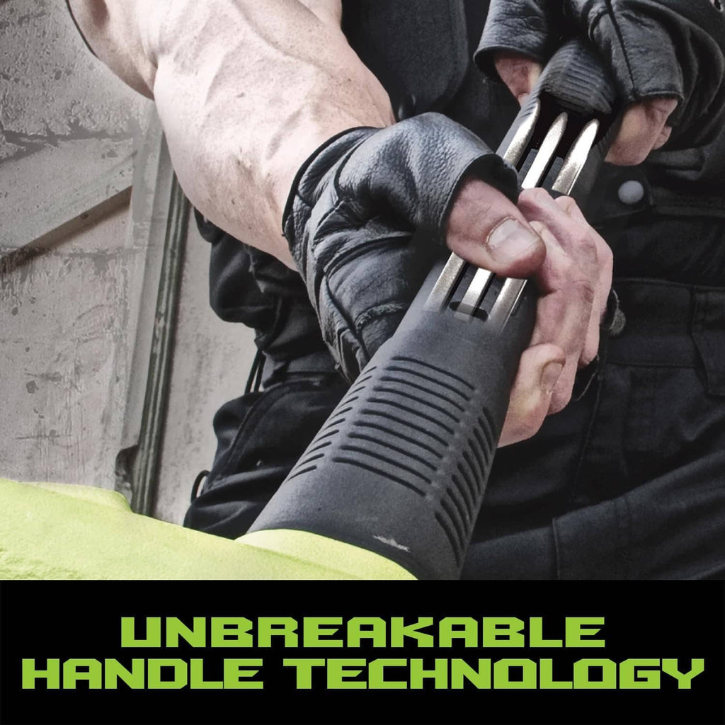 Soft-face sledge hammer held in gloved hand, showing black handle and neon head