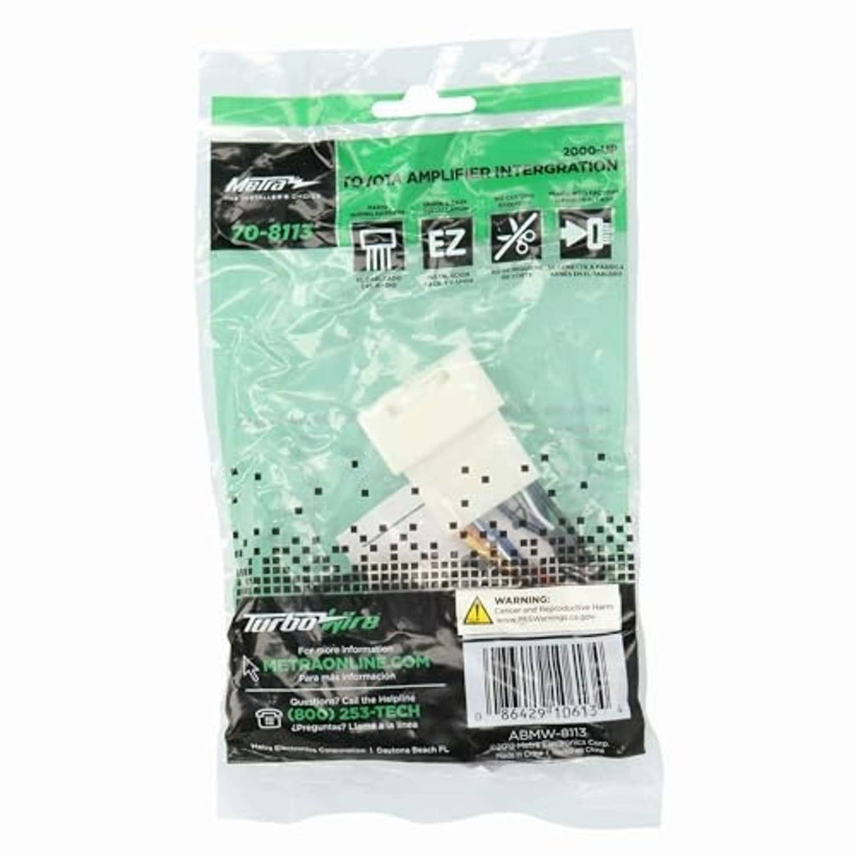Radio wiring harness kit in retail package with green label and wiring overview