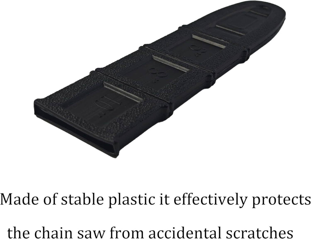 Black chainsaw bar cover scabbard, top view with molded rectangular inserts