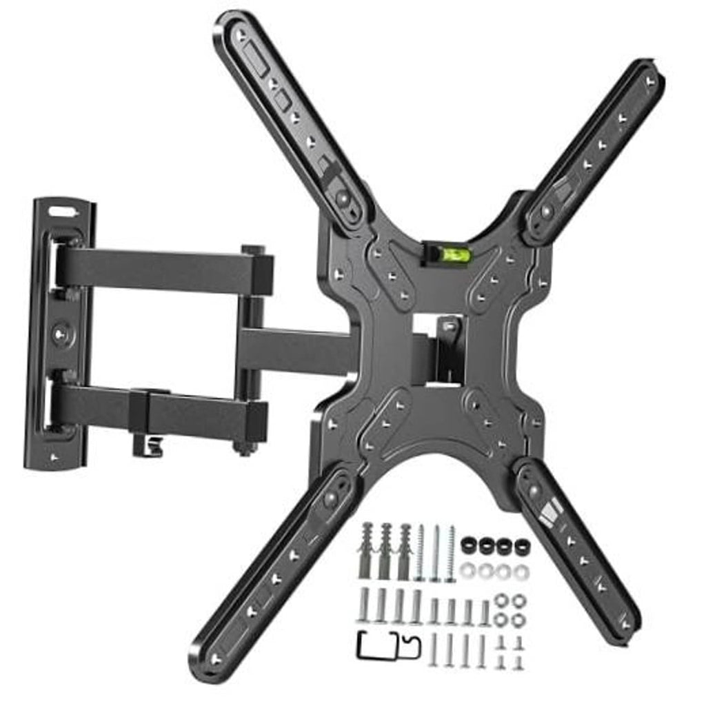 Corner full-motion TV wall mount bracket with adjustable arms and included hardware