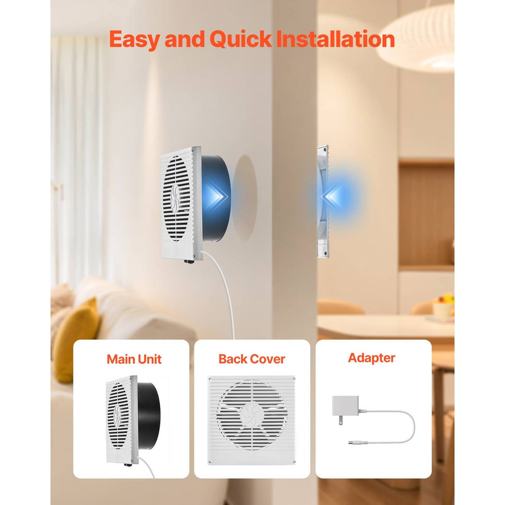 Wall-mounted ventilation fan installation kit with main unit, back cover, and adapter