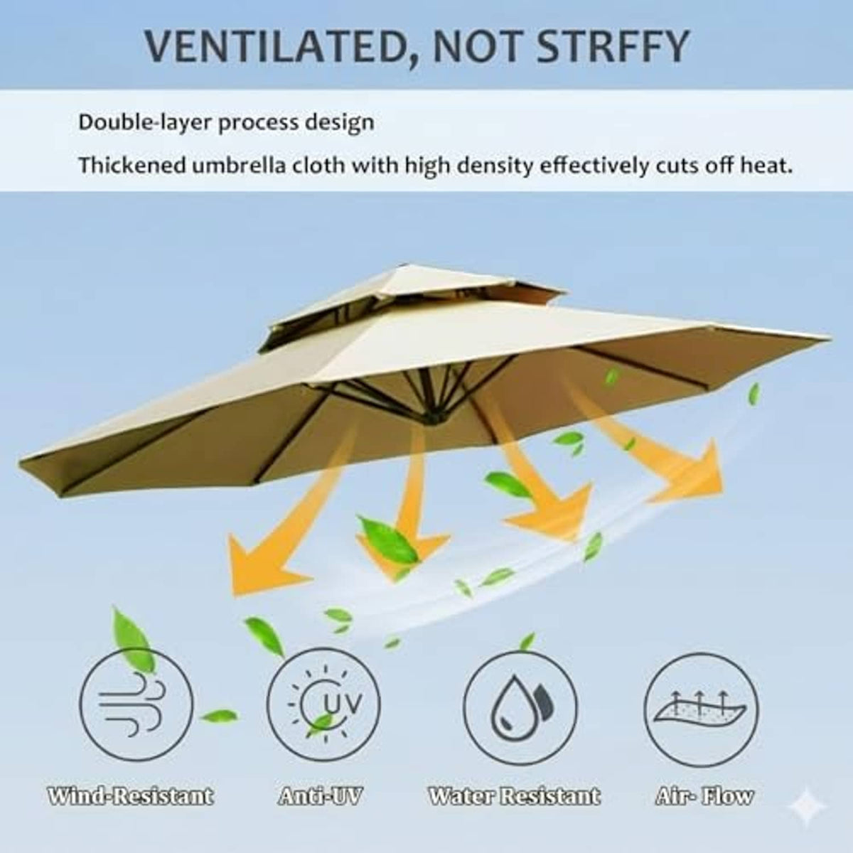 Khaki double-layer patio umbrella canopy with vented design