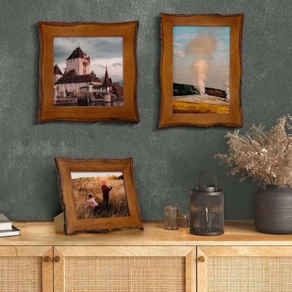 Set of rustic live-edge wooden picture frames hanging with landscape photos