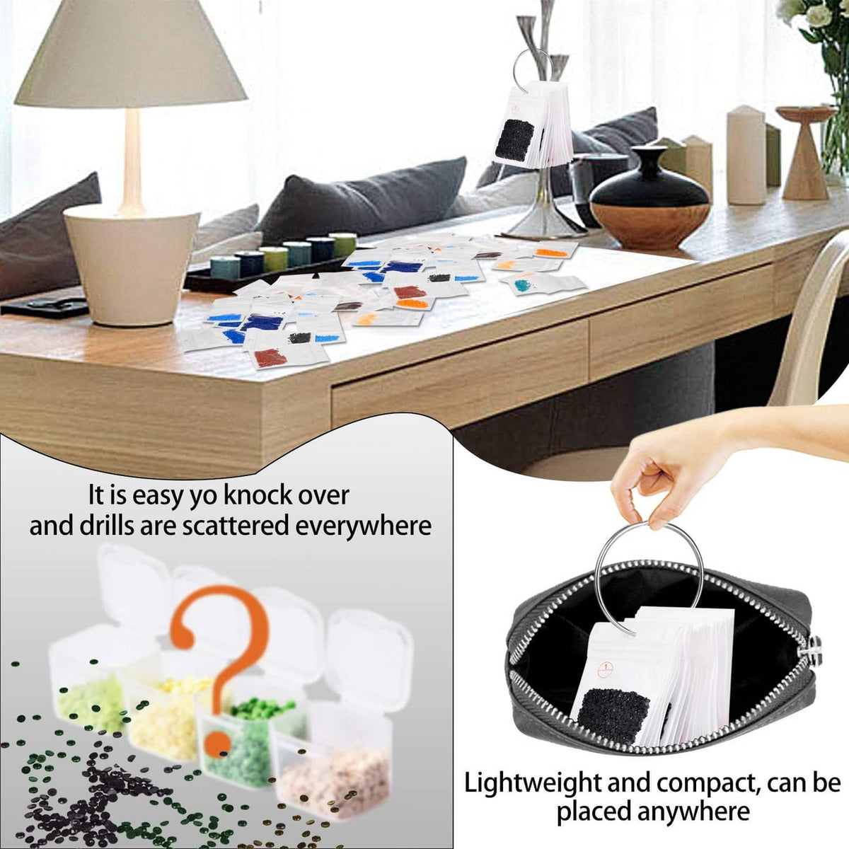 White bead storage pouch with handle on table near diamond art supplies; compact design.