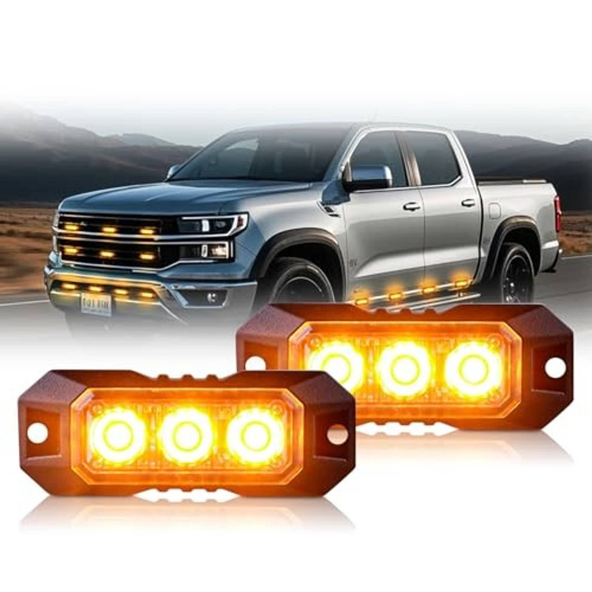 Amber LED strobe warning lights, two clear-lens units with side mounting brackets