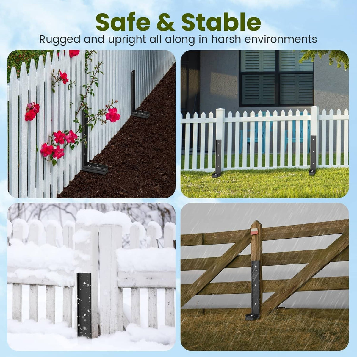 RivetOak Housolution Fence Post Repair Kit, Steel Stake with 4 Pack, Black