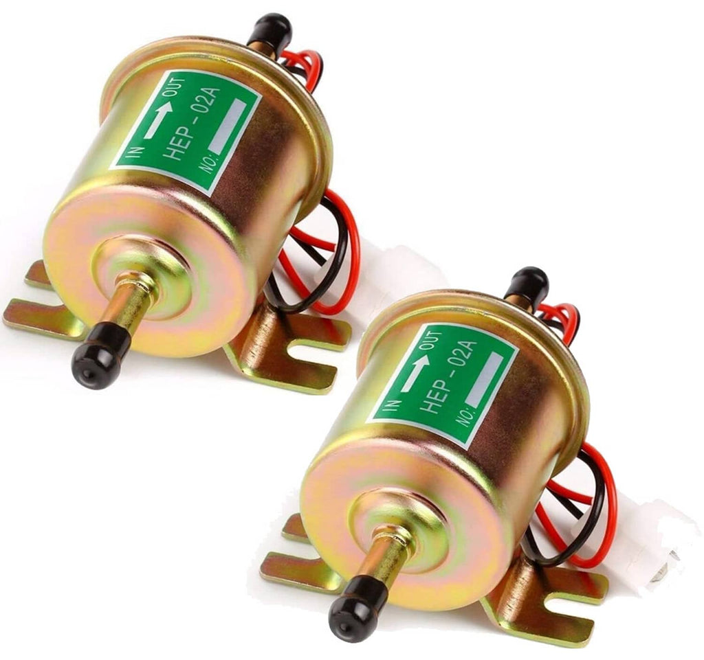 Pair of inline electric fuel pumps with green label and metal mounting feet