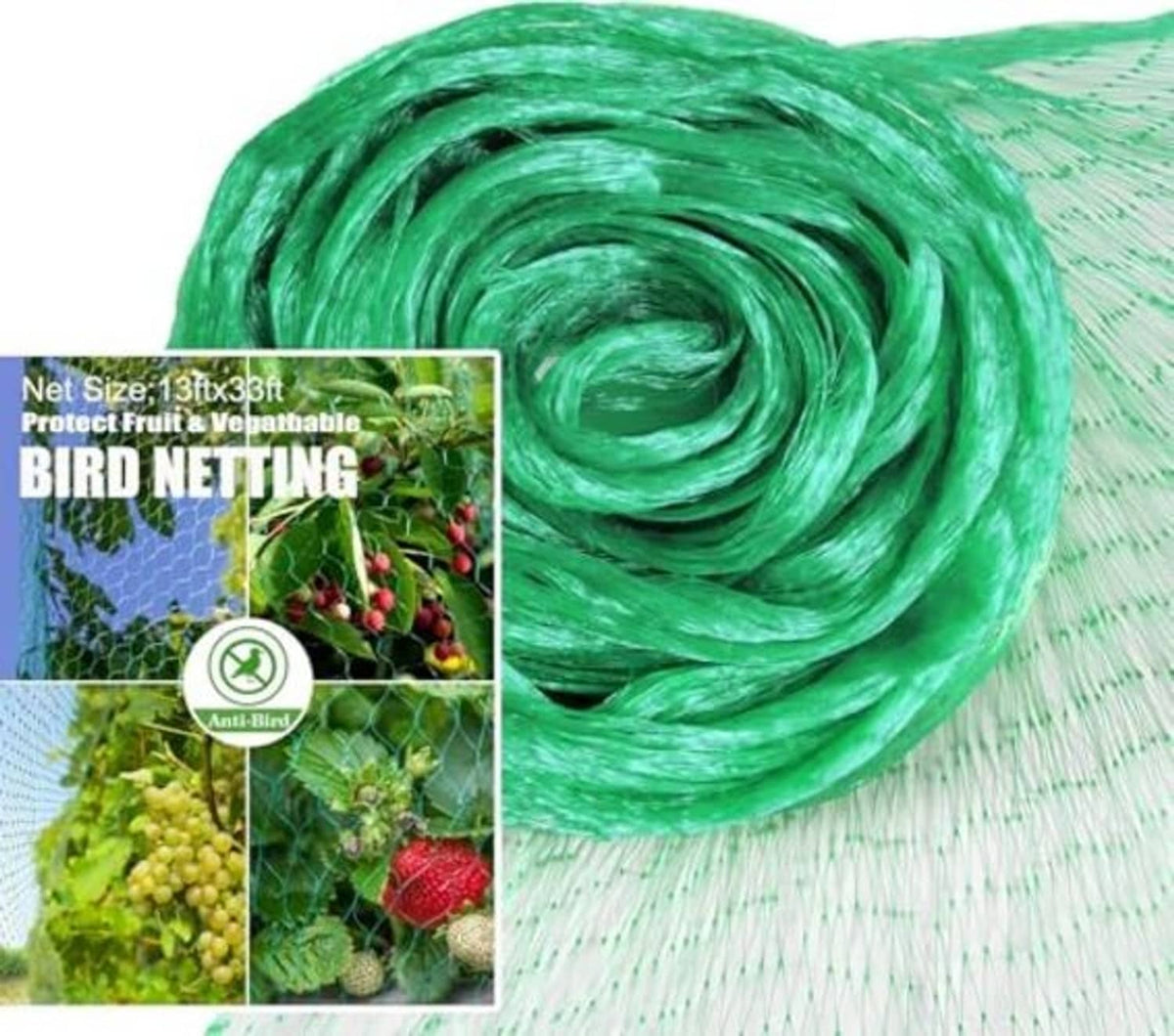 Green and white bird netting roll, tightly coiled fine grid mesh for protection